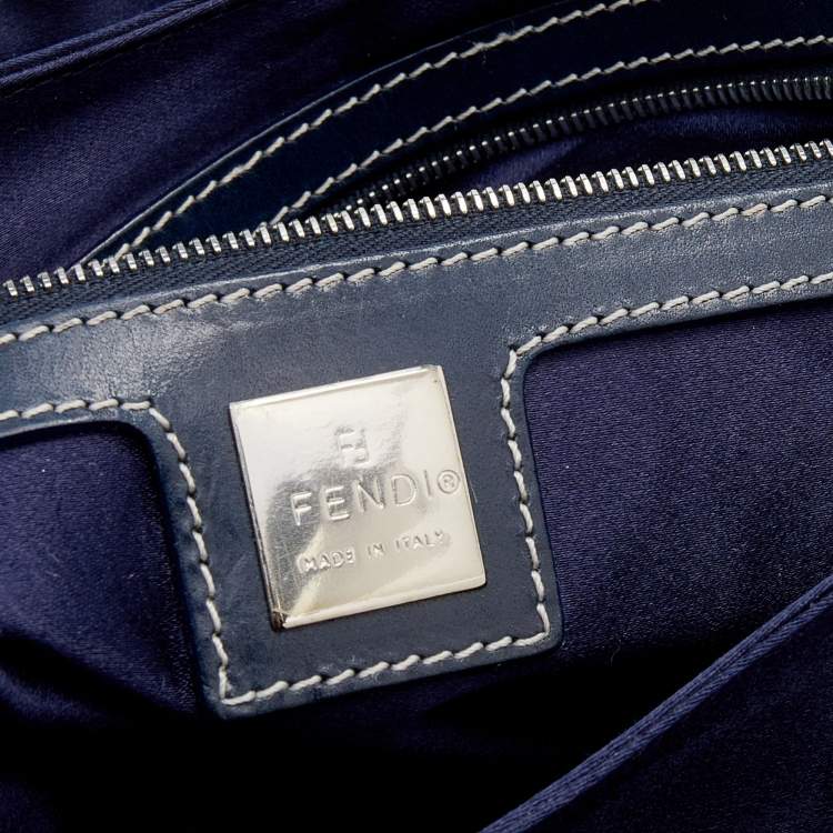 Pre Owned Fendi Navy Blue/Grey FF Canvas And Leather Flap Shoulder Bag