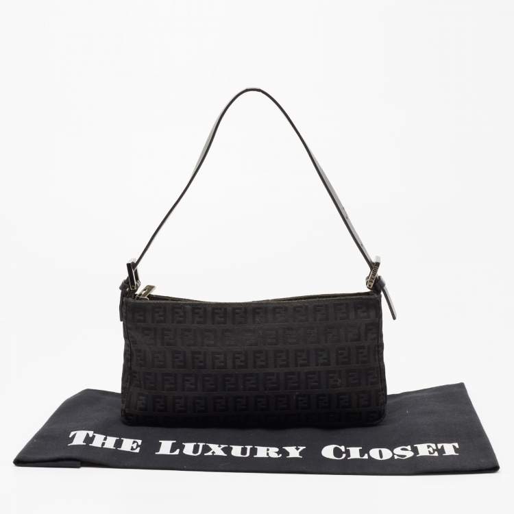 Pre Owned Fendi Black Zucchino Fabric and Leather Baguette Bag