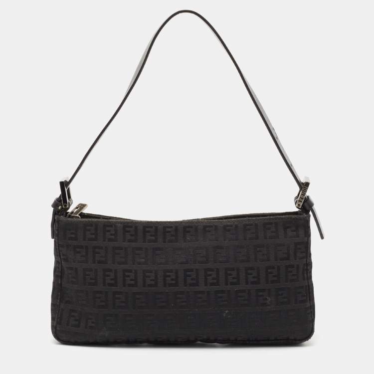 Pre Owned Fendi Black Zucchino Fabric and Leather Baguette Bag