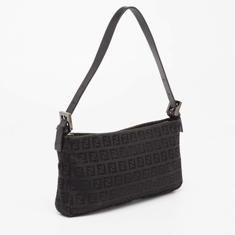 Pre Owned Fendi Black Zucchino Fabric and Leather Baguette Bag
