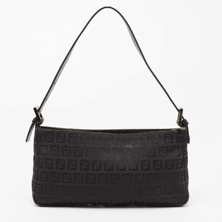 Pre Owned Fendi Black Zucchino Fabric and Leather Baguette Bag