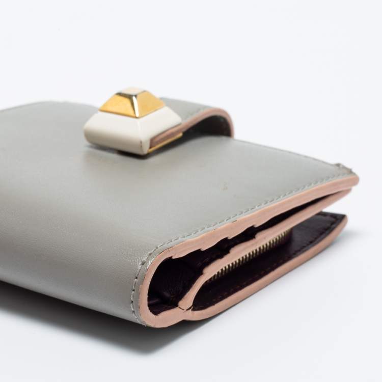 Pre Owned Fendi Grey Leather Stud French Compact Wallet