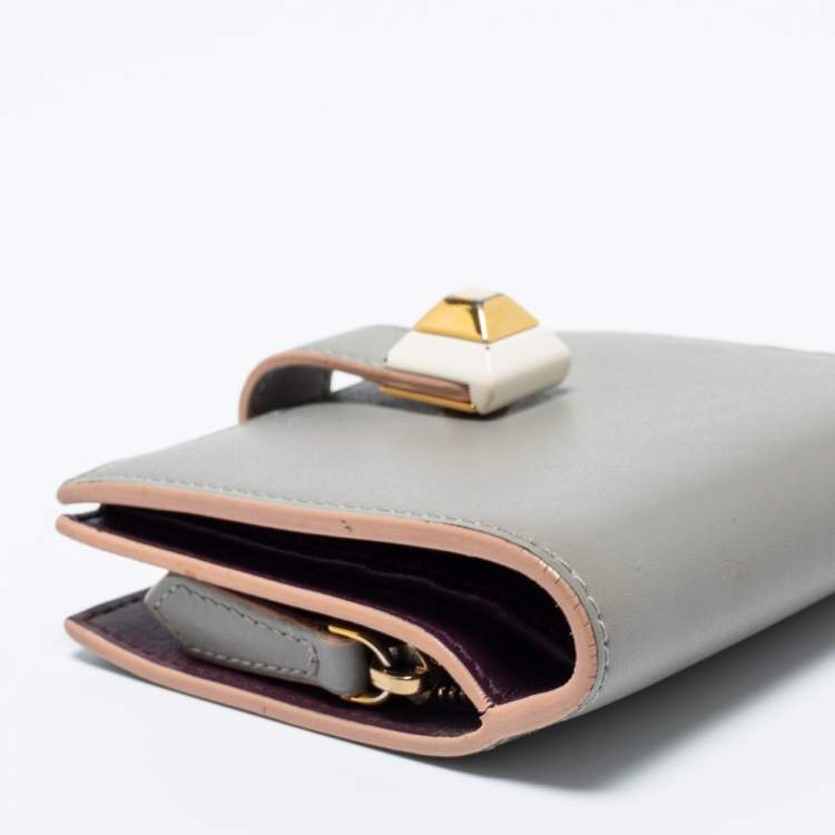 Pre Owned Fendi Grey Leather Stud French Compact Wallet