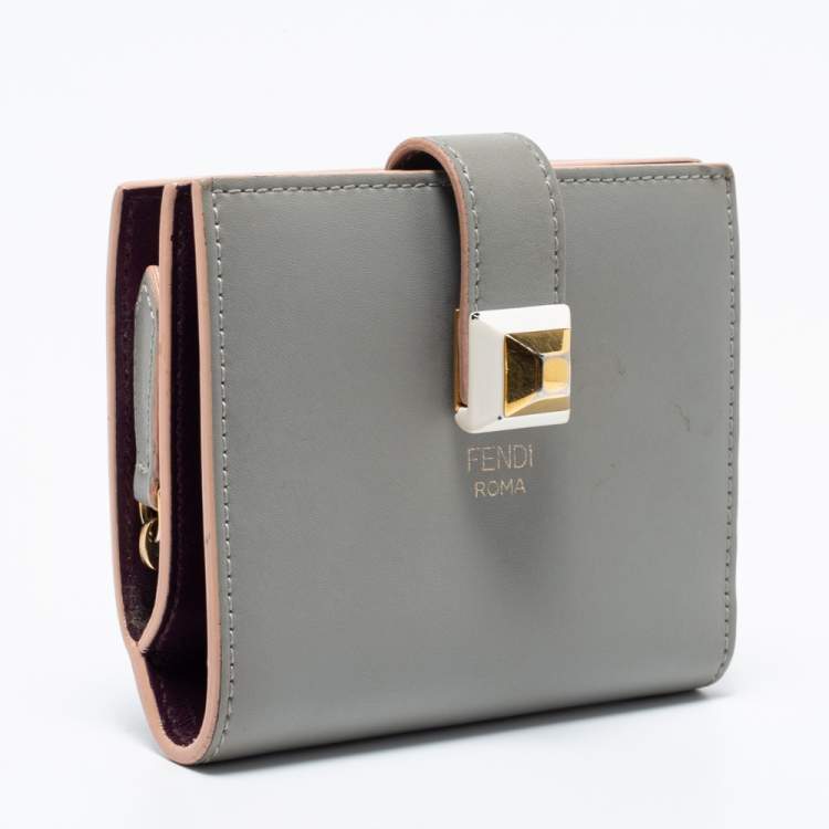 Pre Owned Fendi Grey Leather Stud French Compact Wallet