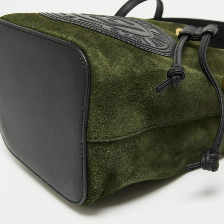 Pre Owned Fendi Green/Black Leather and Suede Mini Mon Tresor Drawstring Bucket Bag