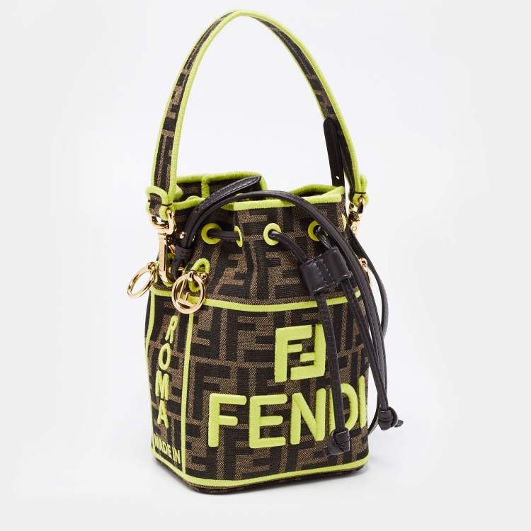 Pre Owned Fendi Brown/Neon Green Zucca Canvas and Leather Mini Mon Tresor Drawstring Bucket Bag