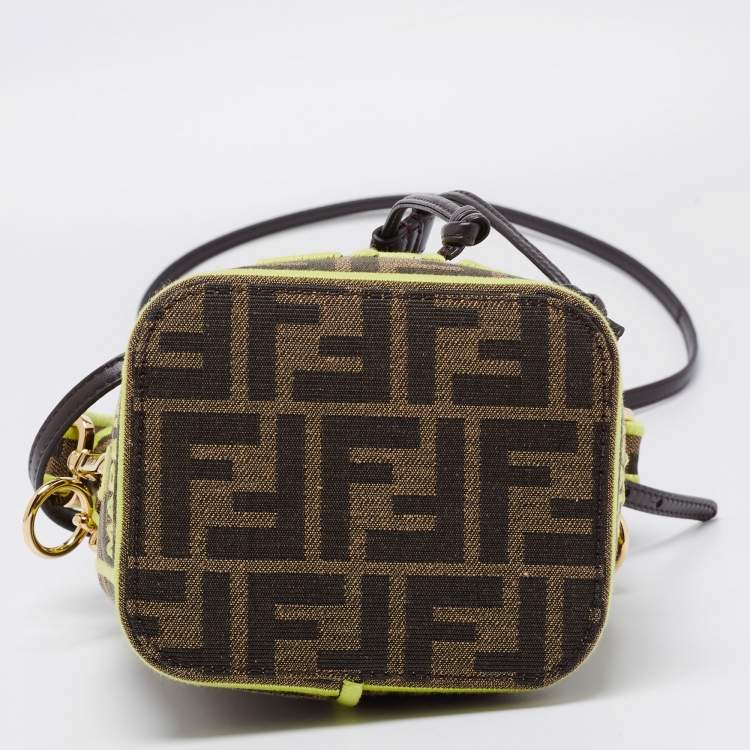 Pre Owned Fendi Brown/Neon Green Zucca Canvas and Leather Mini Mon Tresor Drawstring Bucket Bag