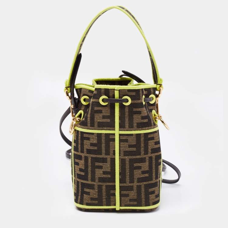 Pre Owned Fendi Brown/Neon Green Zucca Canvas and Leather Mini Mon Tresor Drawstring Bucket Bag