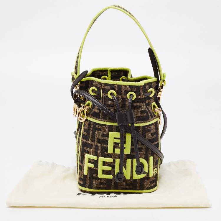 Pre Owned Fendi Brown/Neon Green Zucca Canvas and Leather Mini Mon Tresor Drawstring Bucket Bag