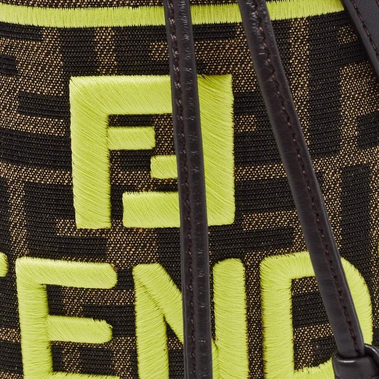 Pre Owned Fendi Brown/Neon Green Zucca Canvas and Leather Mini Mon Tresor Drawstring Bucket Bag