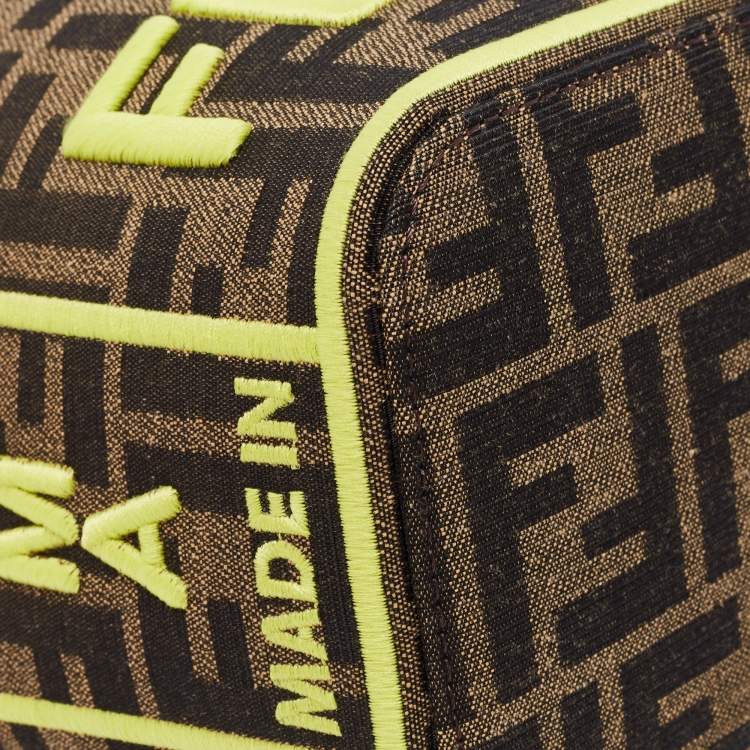 Pre Owned Fendi Brown/Neon Green Zucca Canvas and Leather Mini Mon Tresor Drawstring Bucket Bag