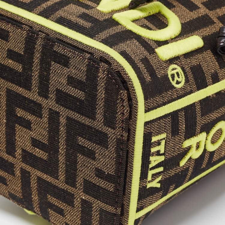 Pre Owned Fendi Brown/Neon Green Zucca Canvas and Leather Mini Mon Tresor Drawstring Bucket Bag