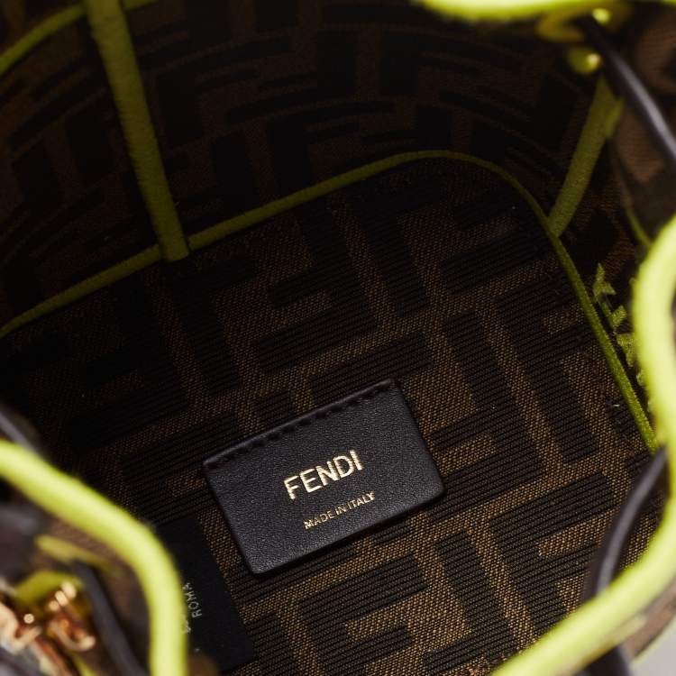 Pre Owned Fendi Brown/Neon Green Zucca Canvas and Leather Mini Mon Tresor Drawstring Bucket Bag