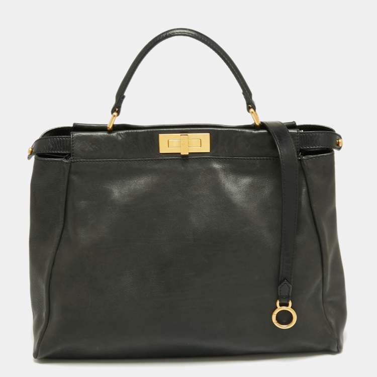 Pre Owned Fendi Black Leather Large Peekaboo Top Handle Bag