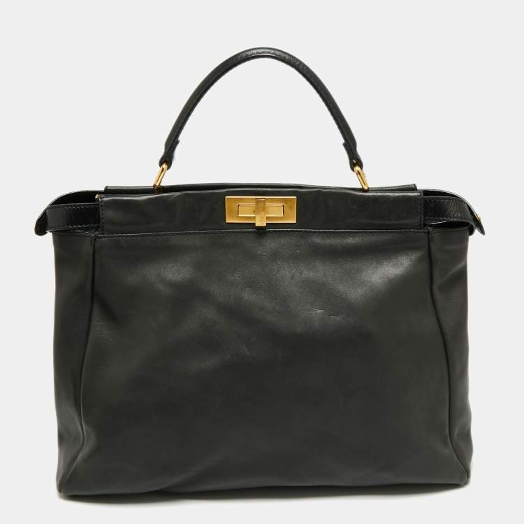 Pre Owned Fendi Black Leather Large Peekaboo Top Handle Bag