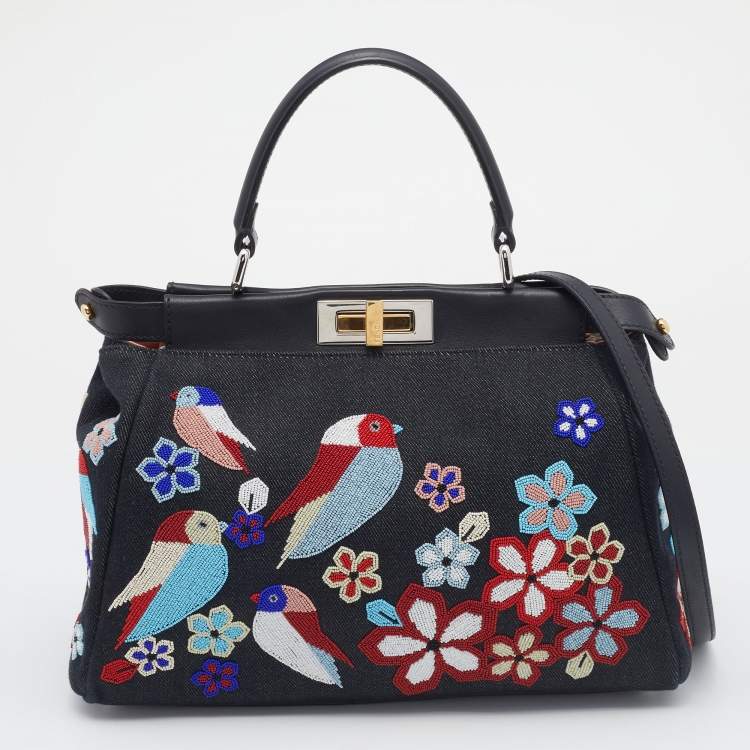 Pre Owned Fendi Dark Blue Denim and Leather QuTweet Beaded Medium Peekaboo Top Handle Bag