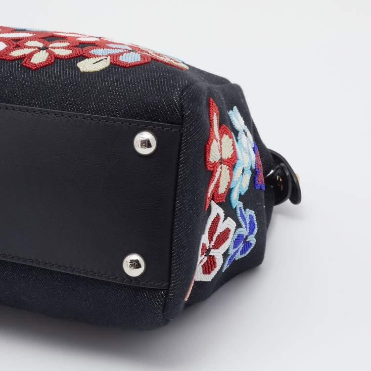 Pre Owned Fendi Dark Blue Denim and Leather QuTweet Beaded Medium Peekaboo Top Handle Bag