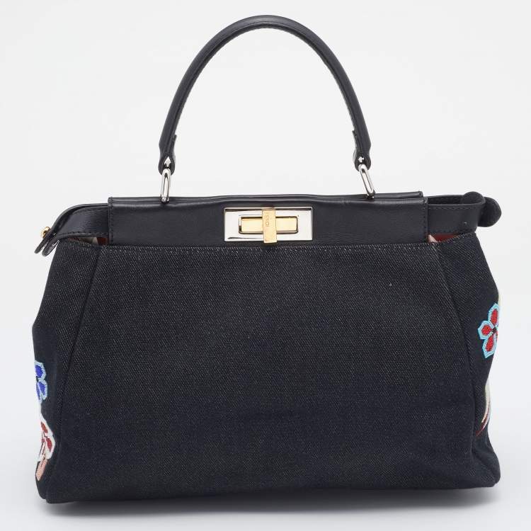 Pre Owned Fendi Dark Blue Denim and Leather QuTweet Beaded Medium Peekaboo Top Handle Bag