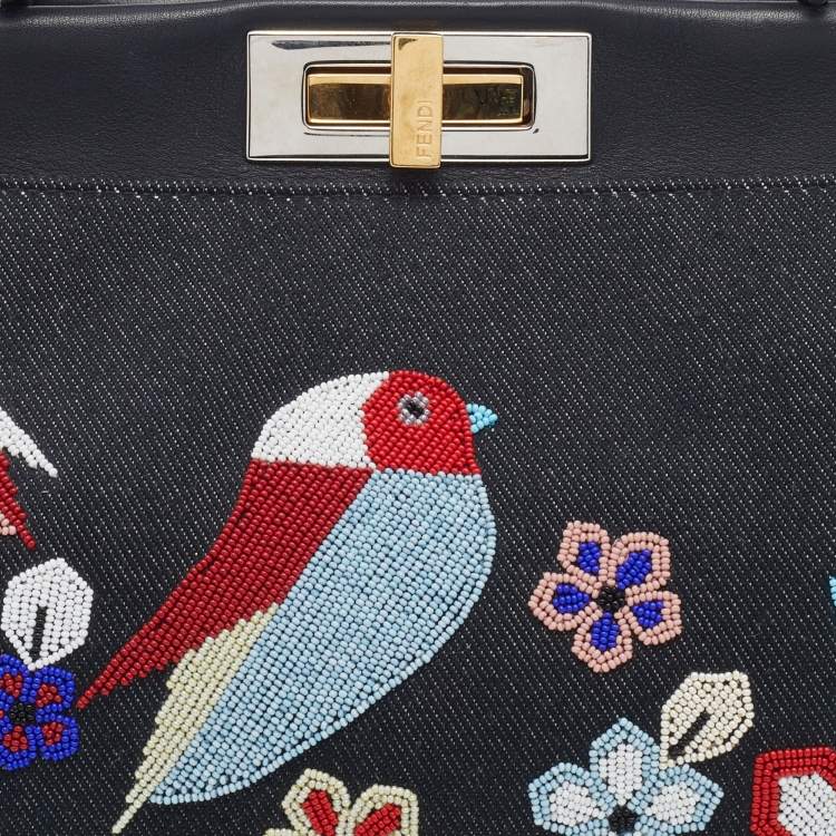 Pre Owned Fendi Dark Blue Denim and Leather QuTweet Beaded Medium Peekaboo Top Handle Bag
