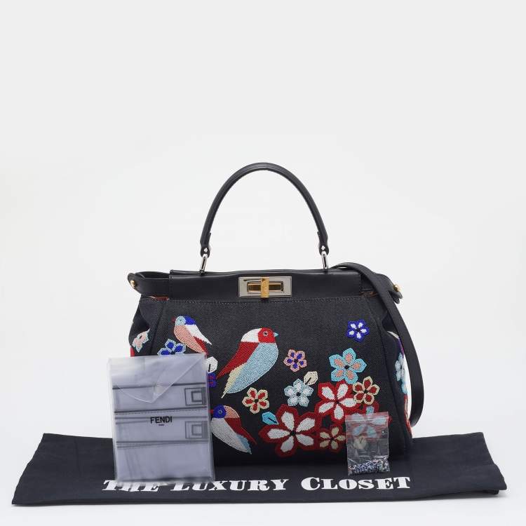 Pre Owned Fendi Dark Blue Denim and Leather QuTweet Beaded Medium Peekaboo Top Handle Bag