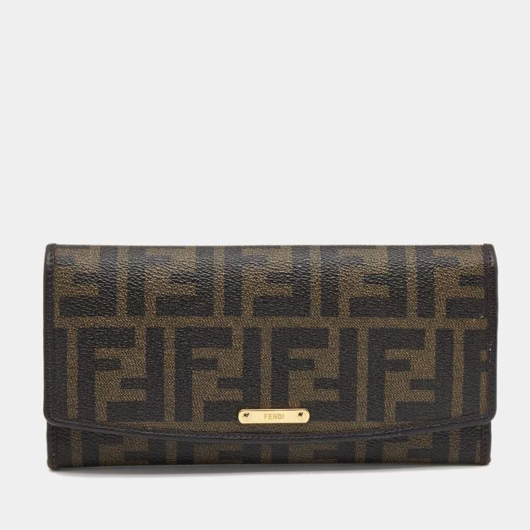 Pre Owned Fendi Tobacco Zucca Coated Canvas and Leather Flap Continental Wallet