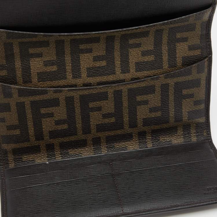 Pre Owned Fendi Tobacco Zucca Coated Canvas and Leather Flap Continental Wallet