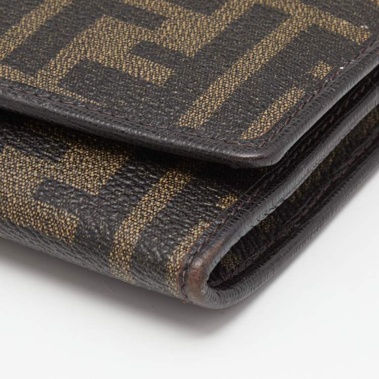 Pre Owned Fendi Tobacco Zucca Coated Canvas and Leather Flap Continental Wallet