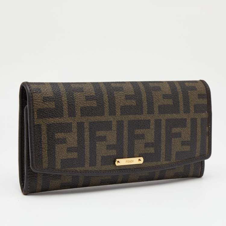 Pre Owned Fendi Tobacco Zucca Coated Canvas and Leather Flap Continental Wallet