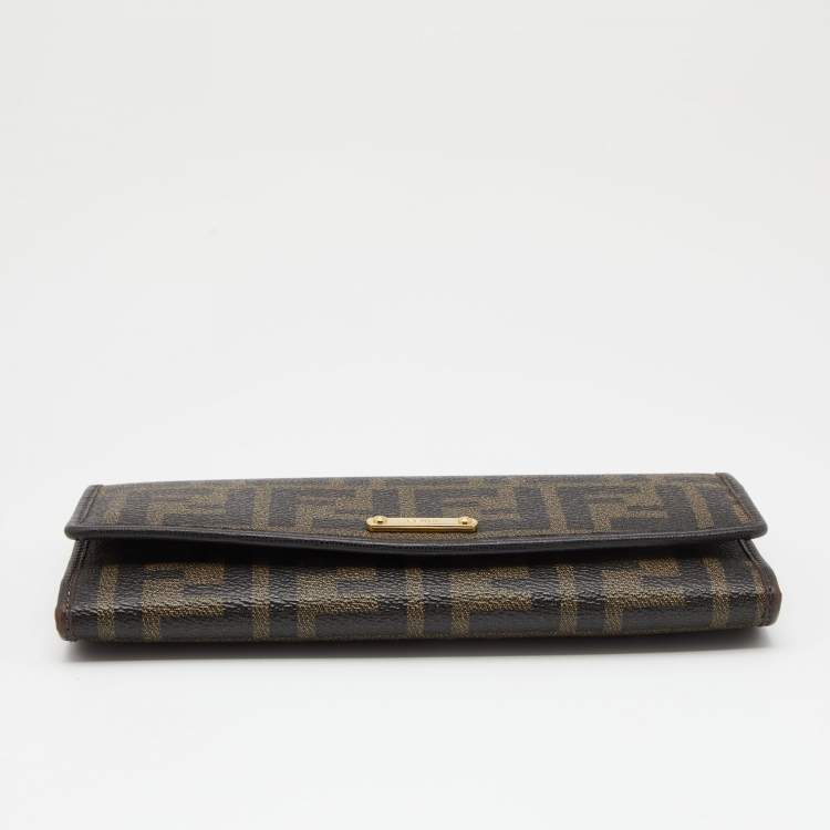 Pre Owned Fendi Tobacco Zucca Coated Canvas and Leather Flap Continental Wallet