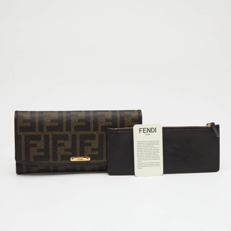 Pre Owned Fendi Tobacco Zucca Coated Canvas and Leather Flap Continental Wallet