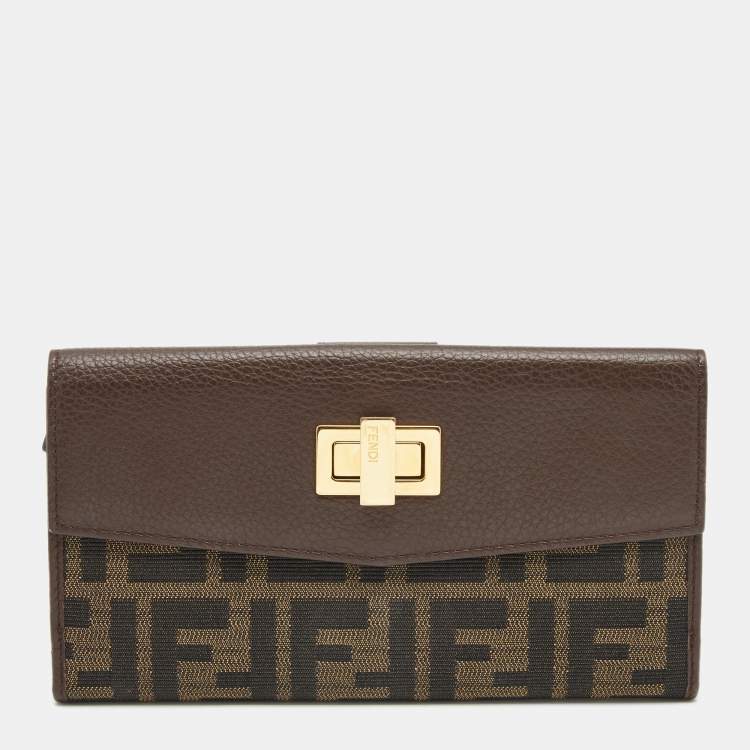 Pre Owned Fendi Tobacco Zucca Canvas and Leather Turnlock Flap Continental Wallet
