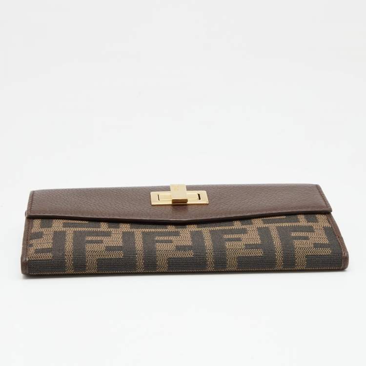 Pre Owned Fendi Tobacco Zucca Canvas and Leather Turnlock Flap Continental Wallet