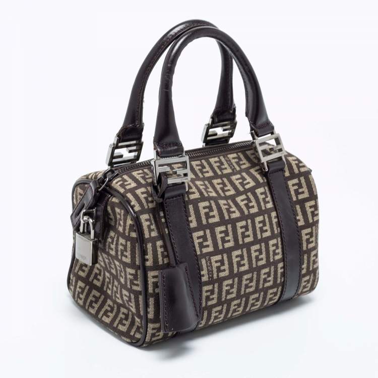 Pre Owned Fendi Beige/Brown Zucchino Canvas and Leather Mini Forever Bauletto Bag
