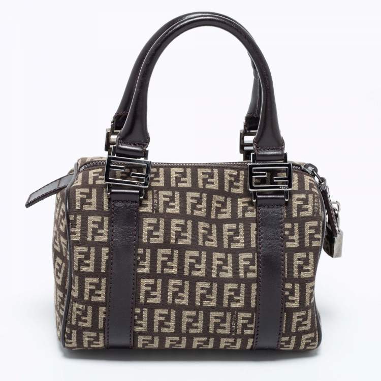 Pre Owned Fendi Beige/Brown Zucchino Canvas and Leather Mini Forever Bauletto Bag