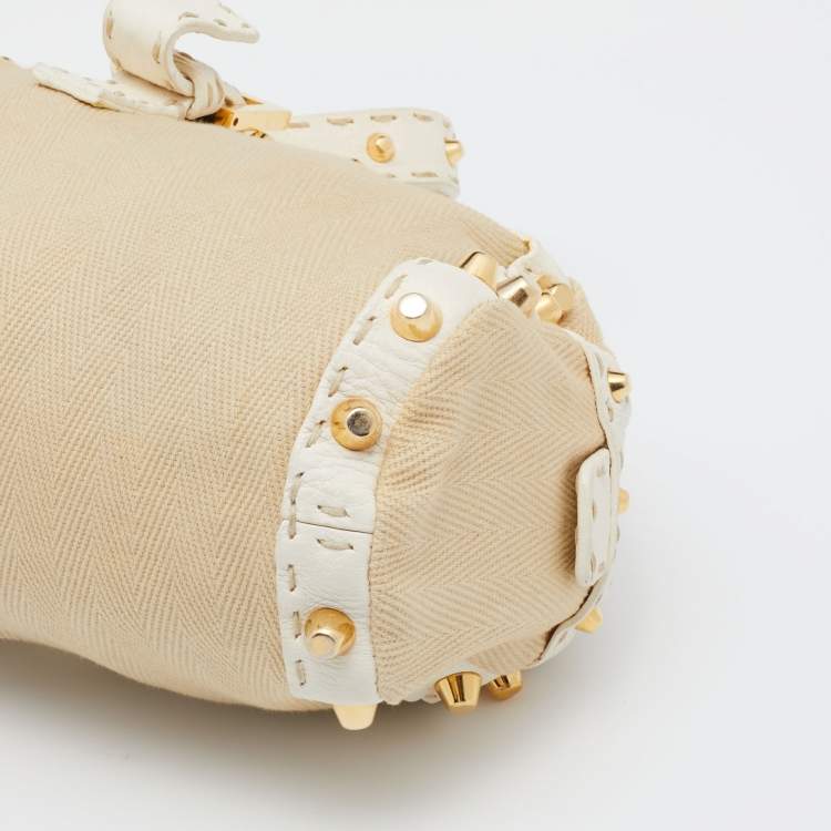 Pre Owned Fendi Beige/White Canvas And Leather Duffel Bag
