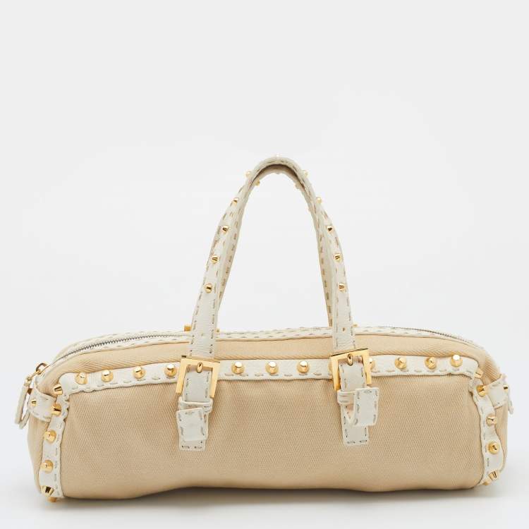 Pre Owned Fendi Beige/White Canvas And Leather Duffel Bag