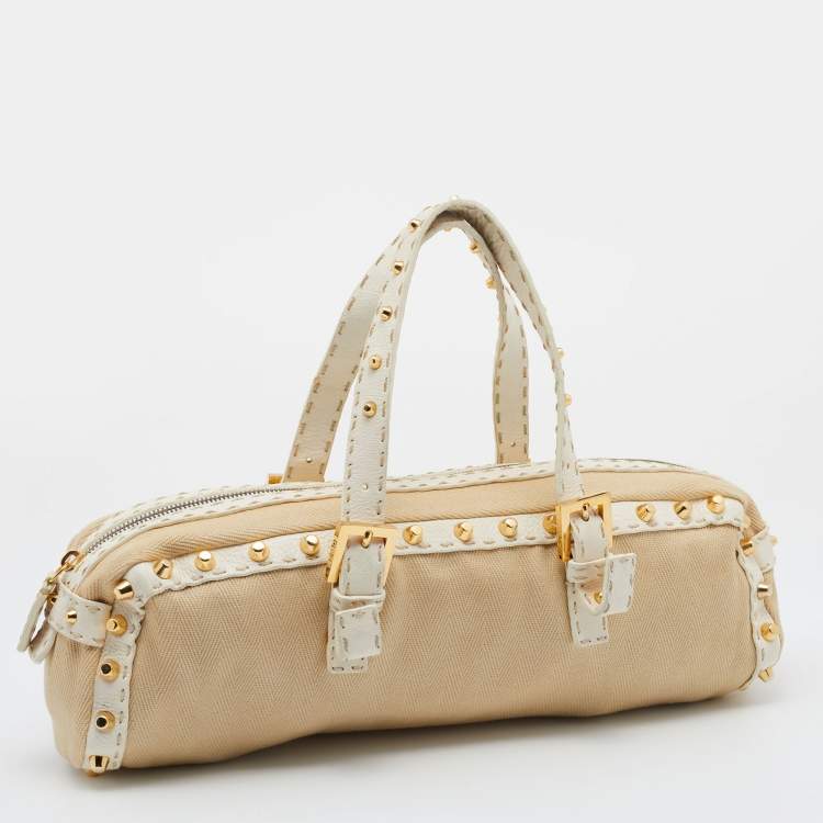 Pre Owned Fendi Beige/White Canvas And Leather Duffel Bag