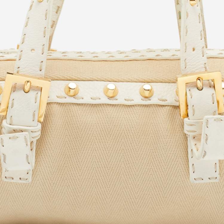 Pre Owned Fendi Beige/White Canvas And Leather Duffel Bag