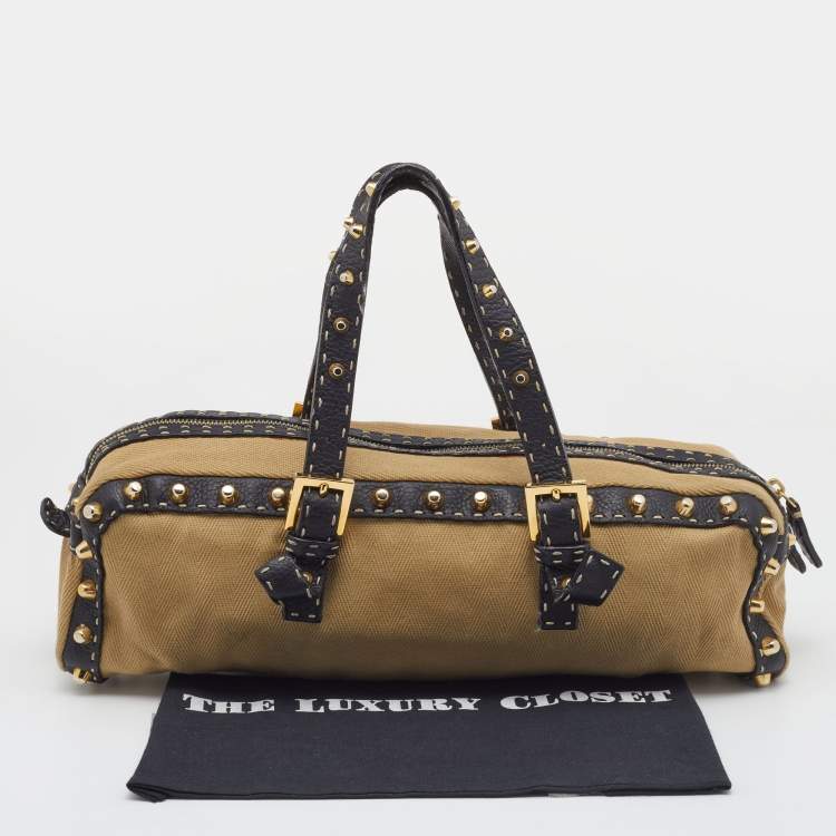 Pre Owned Fendi Beige/Black Canvas And Leather Duffel Bag