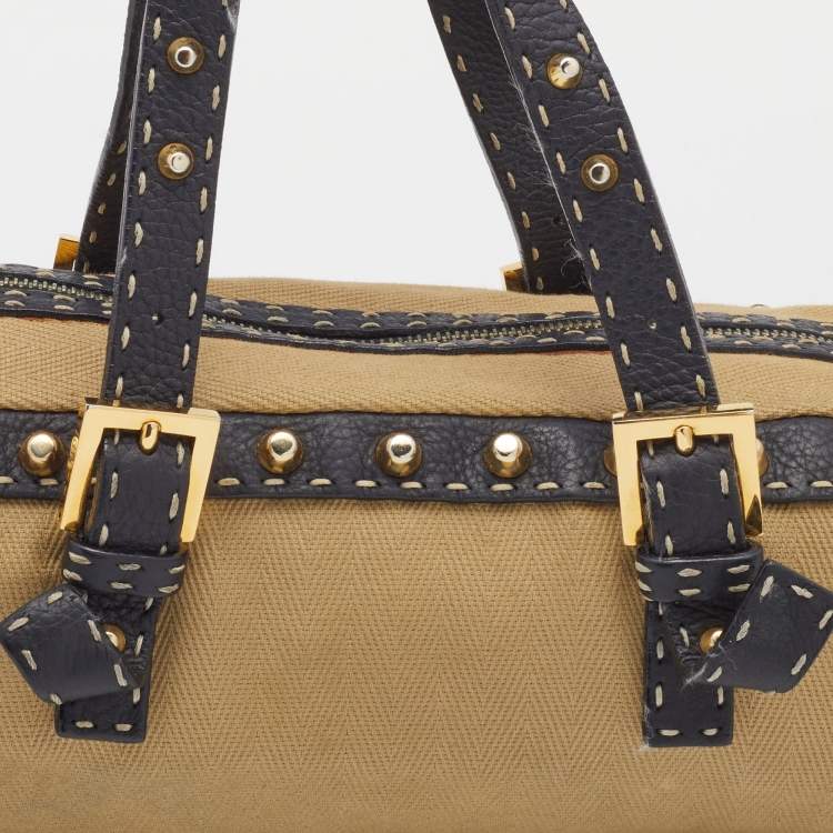 Pre Owned Fendi Beige/Black Canvas And Leather Duffel Bag