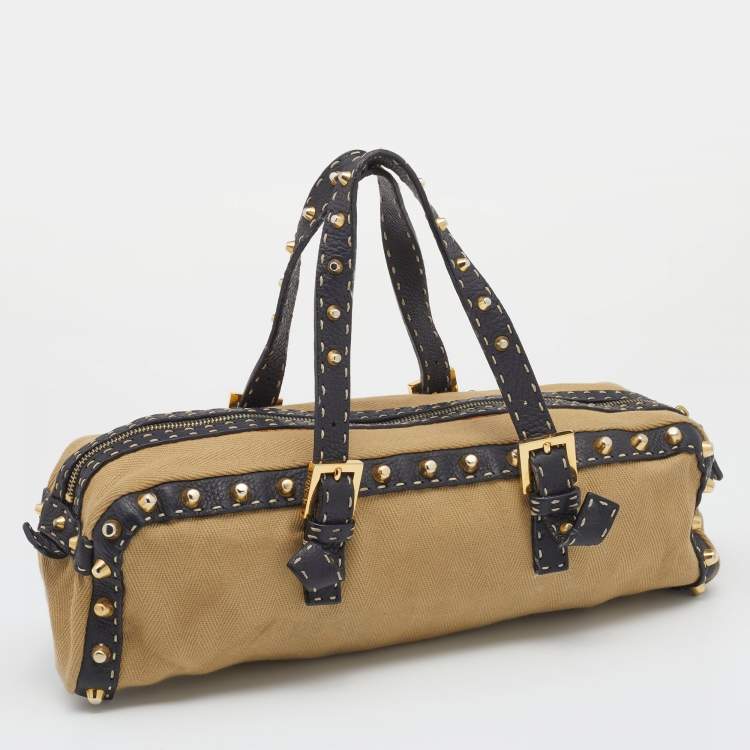 Pre Owned Fendi Beige/Black Canvas And Leather Duffel Bag