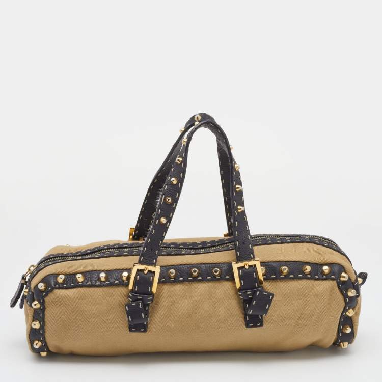 Pre Owned Fendi Beige/Black Canvas And Leather Duffel Bag