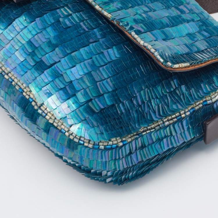 Pre Owned Fendi Blue/Brown Sequin And Leather Baguette 