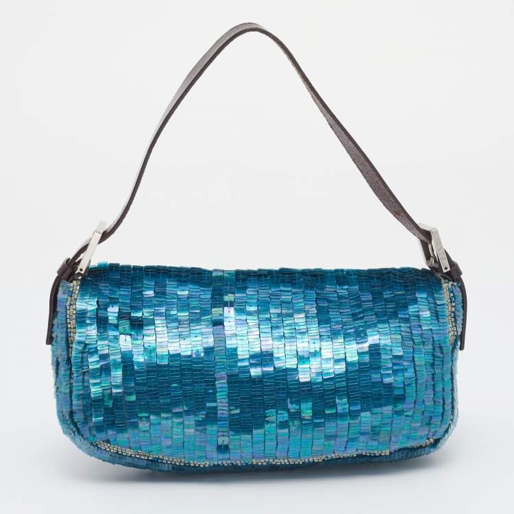 Pre Owned Fendi Blue/Brown Sequin And Leather Baguette 
