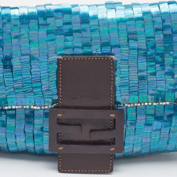 Pre Owned Fendi Blue/Brown Sequin And Leather Baguette 
