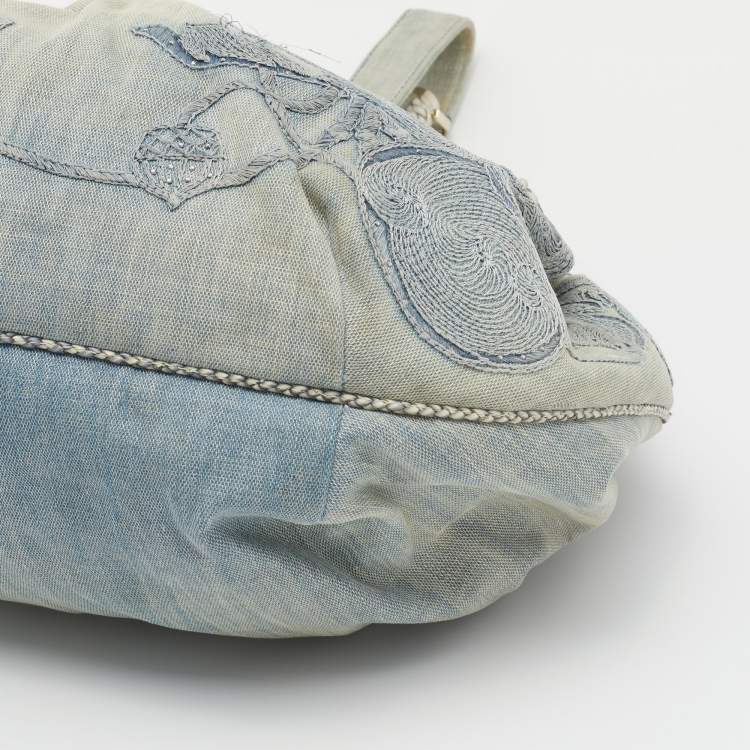 Pre Owned Fendi Light Blue Denim Embroidered Squirrel Spy Bag