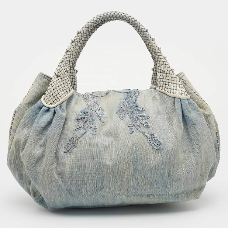 Pre Owned Fendi Light Blue Denim Embroidered Squirrel Spy Bag