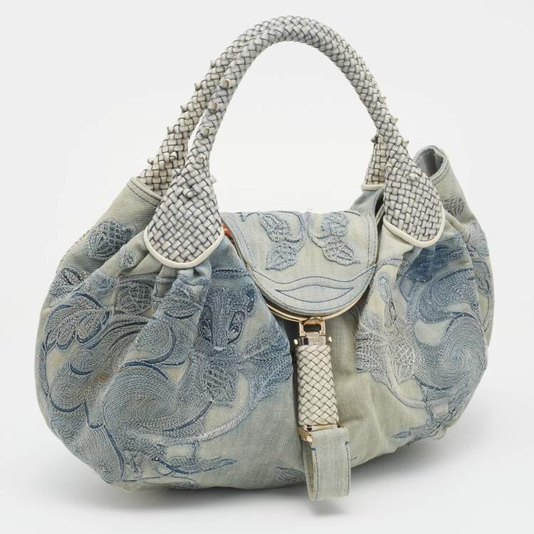 Pre Owned Fendi Light Blue Denim Embroidered Squirrel Spy Bag