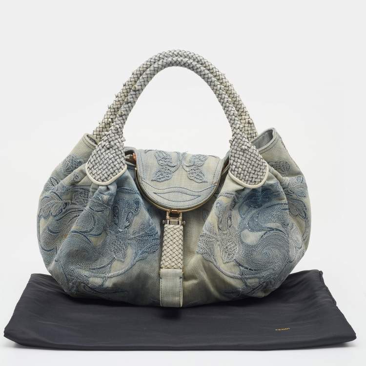 Pre Owned Fendi Light Blue Denim Embroidered Squirrel Spy Bag
