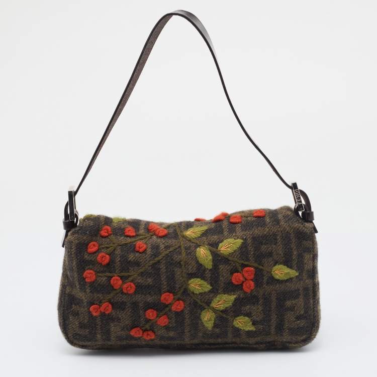 Pre Owned Fendi Black/Grey Zucca Wool And Leather Embroidered Baguette